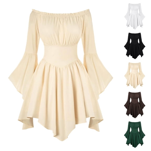 Women Corset Dress Off Shoulder Bell Sleeve Mini Dress Pockets Handkerchief Hem Comfotable Chiffon for Fairy Goth Ren Fair Vacation (Beige,XXXXXL)