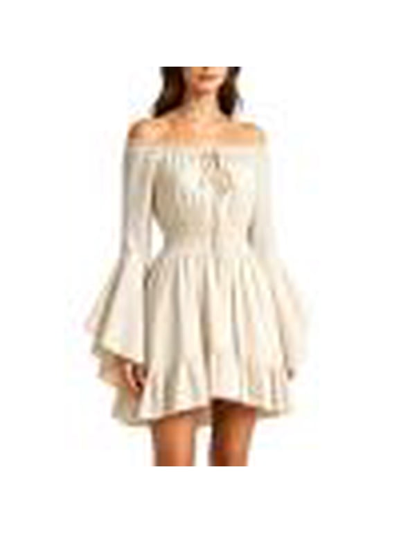 Women Corset Dress Off Shoulder Bell Sleeve Mini Dress Pockets, Layered Hem, Comfortable Chiffon for Fairy Goth Ren Fair Vacation