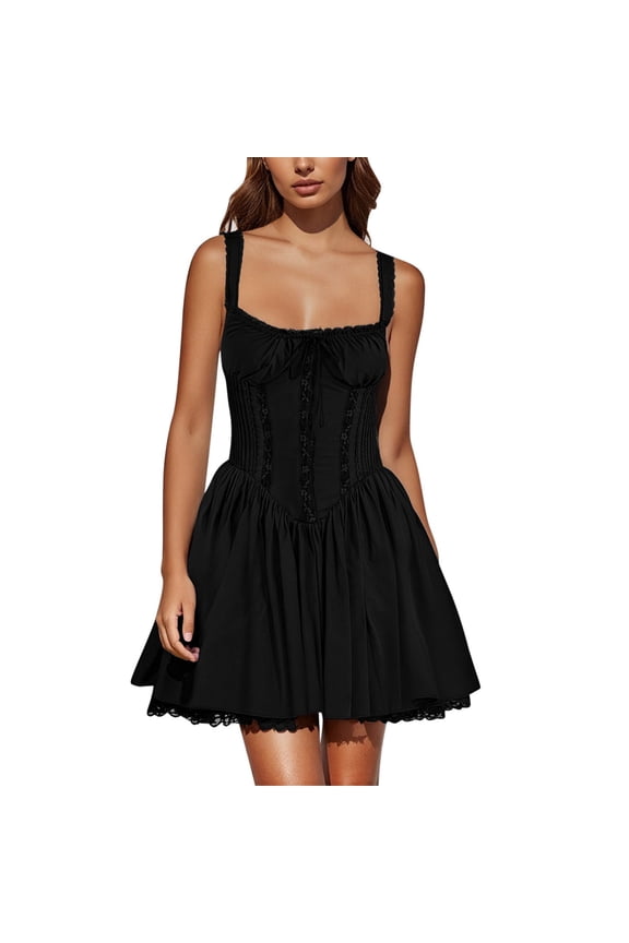 Women Corset Dress Sexy Spaghetti Straps Low Cut Square Neck Sleeveless Sundress Vintage A Line Ruffle Party Dresses