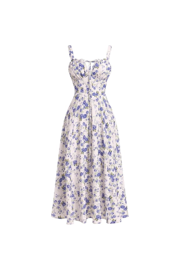 Women Corset Dress Sleeveless Spaghetti Straps Casual Dresses Boho Slit Lace Up Flowy Midi Bustier Sundress