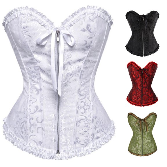 Women Corset Top Court Style Zipper Back Corset Bodysuit, Steel Boned Bustier with Lace Up Front for Wedding Party Slimming