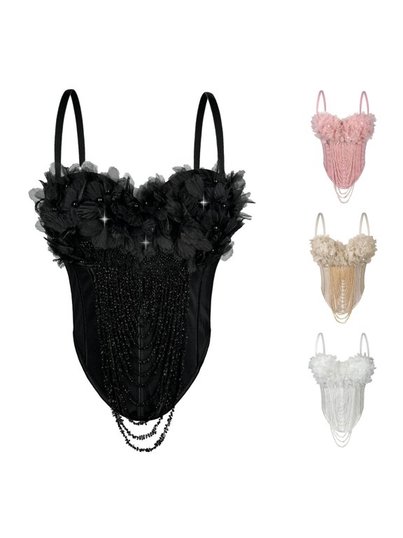 Women Corset Top Handmade Floral Fringe Tank Top, Backless Bodysculpting Bodice with Adjustable Straps for Casual and Party