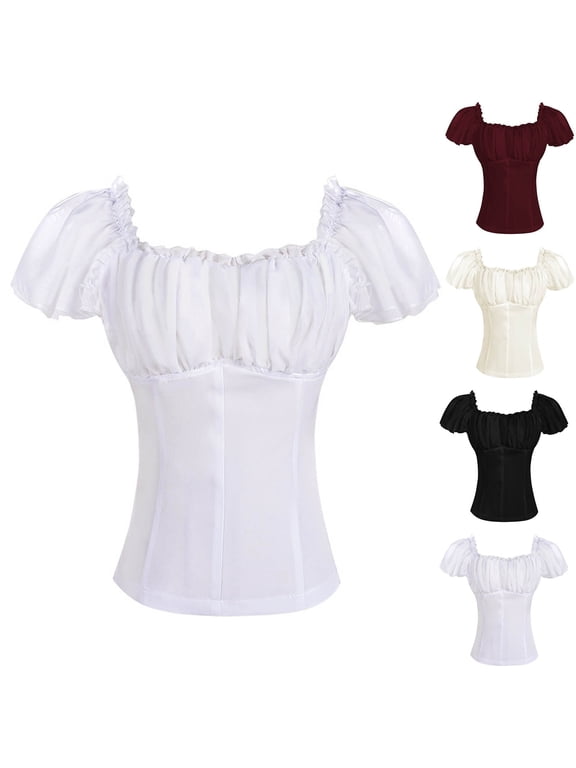 Women Corset Tops Renaissance Off the Shoulder Shirt Teens Ruched Dressy Square Neck Blouse for Halloween