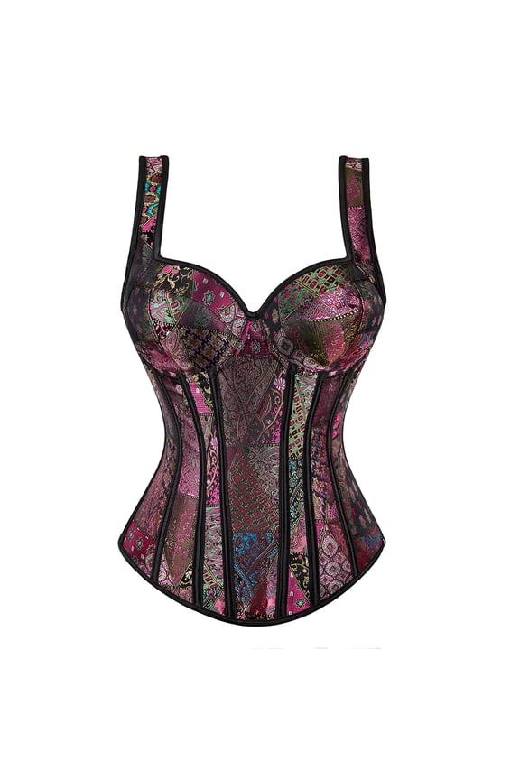 Women Corset with Straps Floral Jacquard Corset Gothic Corset Top Plus Size Shoulder Straps Tank Overbust Corset Bustiers Purple XS