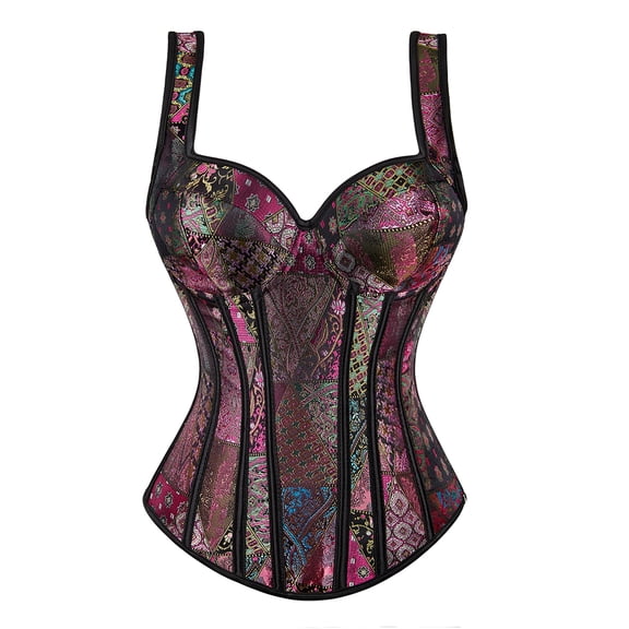 Women Corset with Straps Floral Jacquard Corset Gothic Corset Top Plus Size Shoulder Straps Tank Overbust Corset Bustiers Purple XS