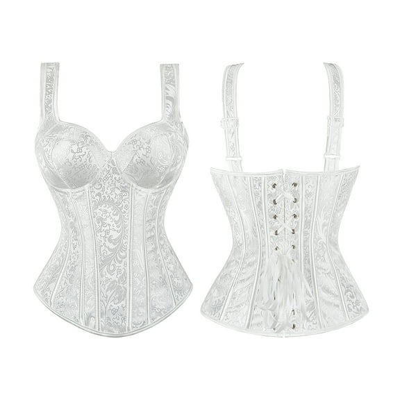 Women Corset with Straps Floral Jacquard Corset Gothic Corset Top Plus Size Shoulder Straps Tank Overbust Corset Bustiers White XS