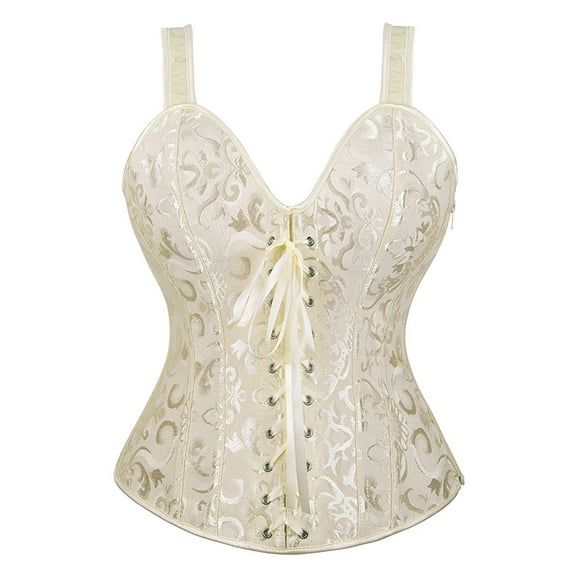 Women Corset with Straps Overbust Corset Plus Size Lace Up Corset Top Floral Jacquard Vintage Corset Beige M