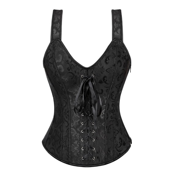 Women Corset with Straps Overbust Corset Plus Size Lace Up Corset Top Floral Jacquard Vintage Corset Black 2XL