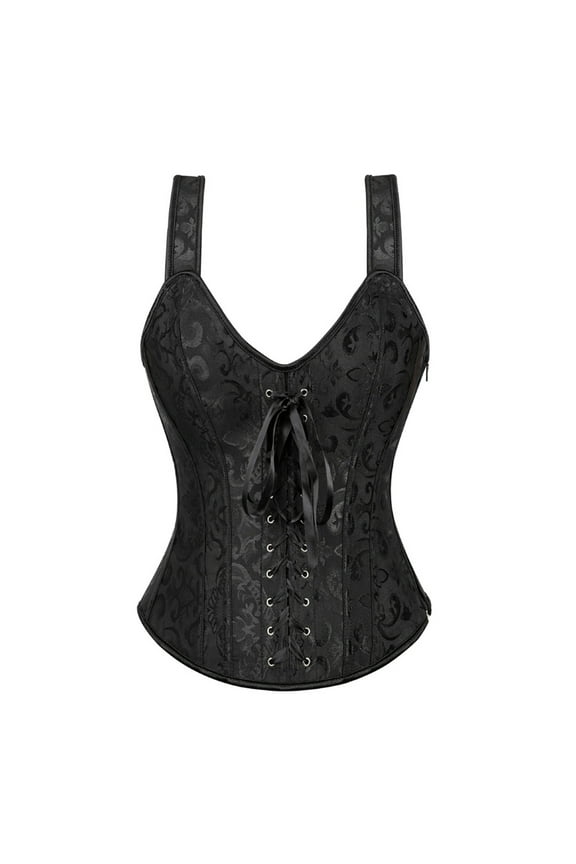 Women Corset with Straps Overbust Corset Plus Size Lace Up Corset Top Floral Jacquard Vintage Corset Black M