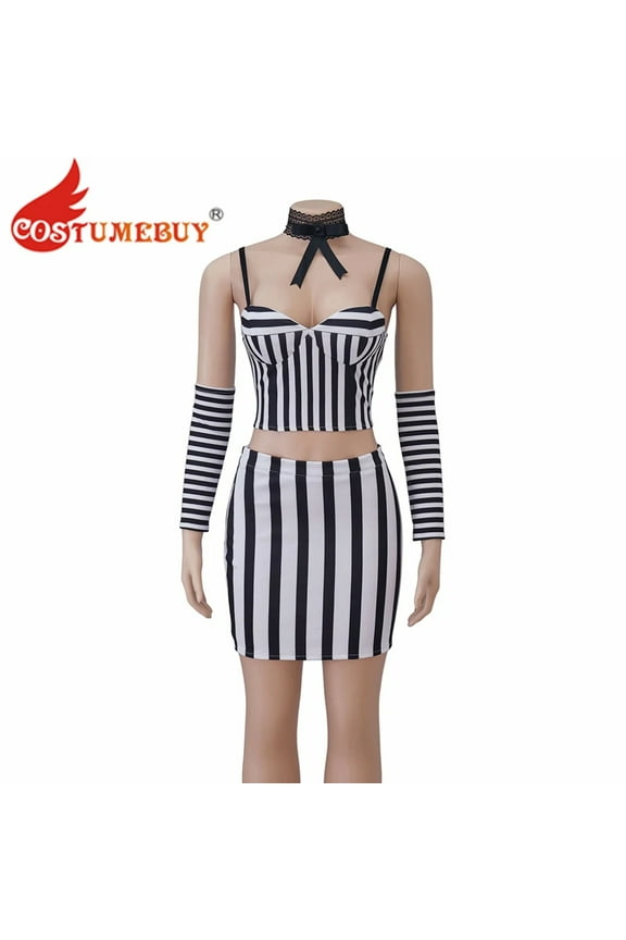 Women Costume Sexy Dress Black and White Stripes Suit Top Skirt Outfit