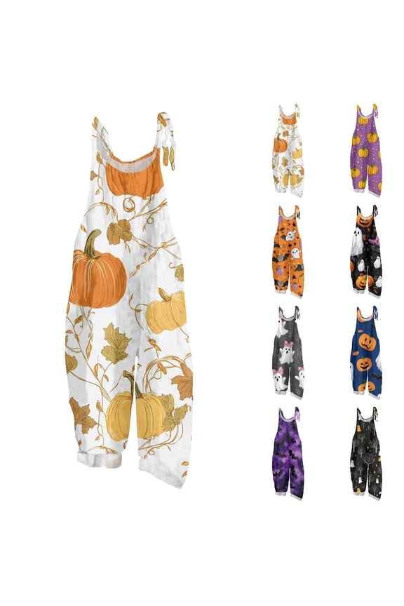 Women Cottage Witch Pumpkin Vine Maple Leaf Print Halloween Suspender Overalls Linen Blend Loose Jumpsuits Red XL