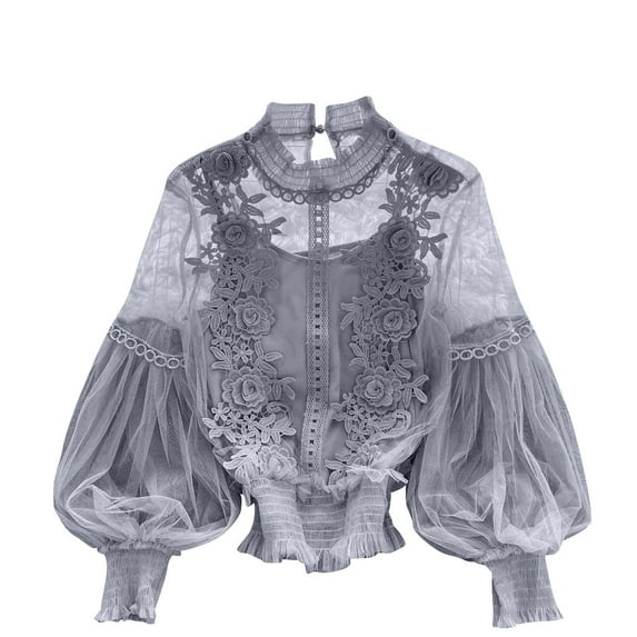 Women Cottagecore 3D Flower Blouse Bell Long Sleeve Sheer Lace Tops Lace Neckline Buckle Shirts