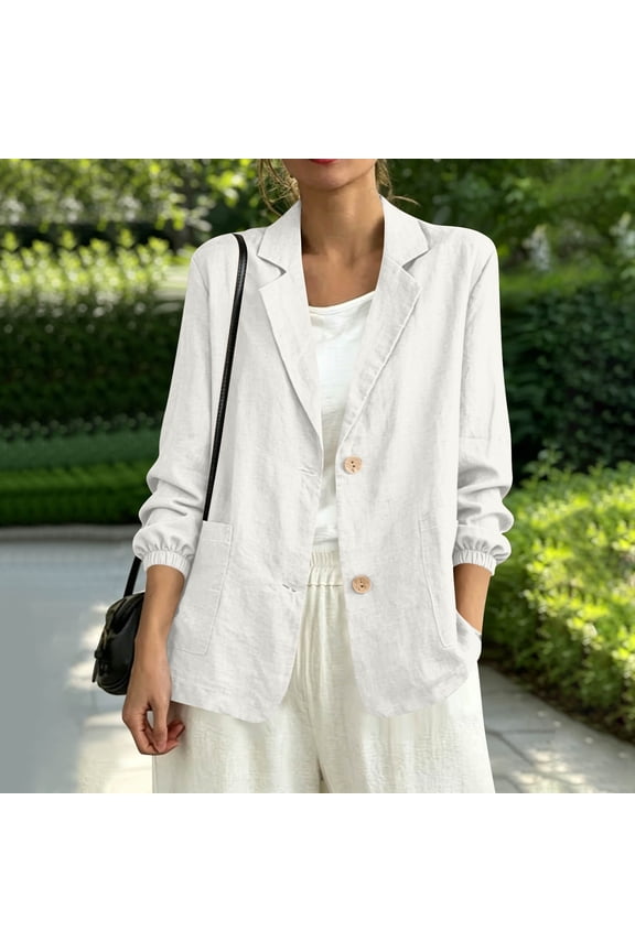 Women Cotton Blazer Jacket, Button Notch Lapel Elastic Cuff Long Sleeve Casual Office Lightweight Coat with Pockets White Fleece Pullover Lady L