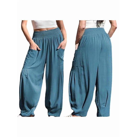 Women Cotton Boho Pants Summer Casual Loose High Waist Cargo Lounge Harem Pant Blue S