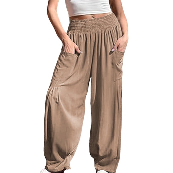 Women Cotton Boho Pants Summer Casual Loose High Waist Cargo Lounge Harem Pant Camel Color XXL