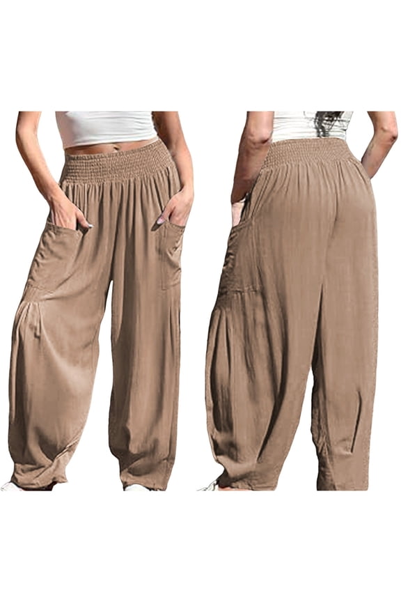 Women Cotton Boho Pants Summer Casual Loose High Waist Cargo Lounge Harem Pant Camel Color XXXL