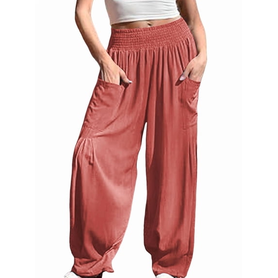 Women Cotton Boho Pants Summer Casual Loose High Waist Cargo Lounge Harem Pant Watermelon Red XL