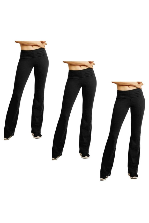 Women’s Cotton Bootcut Wide Waistband Yoga Pants, Black, 3-pack, Large