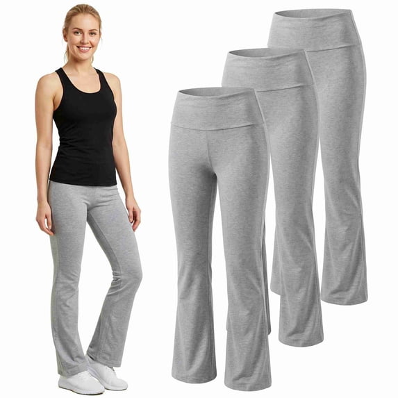 Women’s Cotton Bootcut Wide Waistband Yoga Pants, Heather Gray, 3-pack, Large