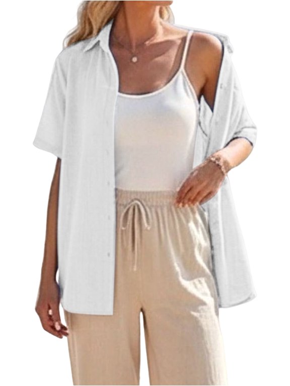 Women Cotton Button Down Shirts Short Sleeve Blouse Business Casual Tops Dressy Summer Outfits White M