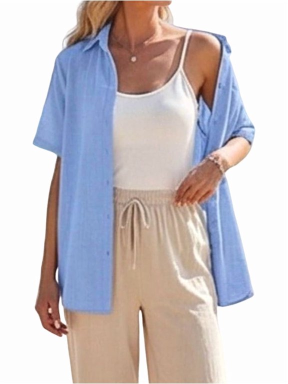 Women Cotton Button Down Shirts Short Sleeve Blouse Business Casual Tops Dressy Summer Outfits XL