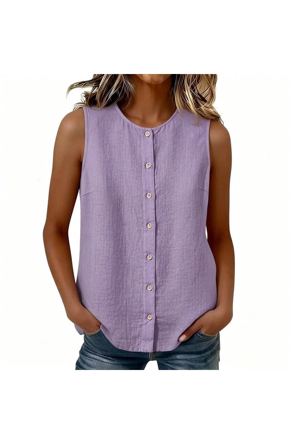 Women Cotton Button Down Tank Tops Sleeveless Crew Neck Loose Fit Open Front Vest Going Out Clothes Purple