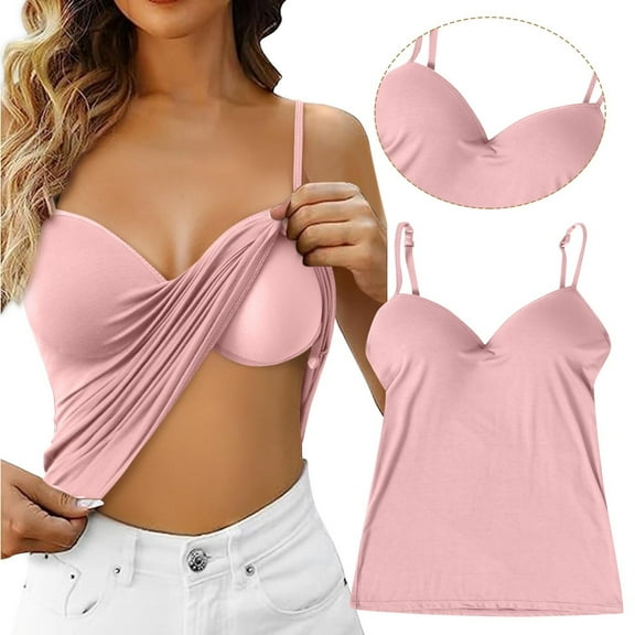 Women Cotton Camisole Shelf Bra Tank Cami Tank Tops Adjustable Spaghetti Strap Tank Undershirts Pink,L