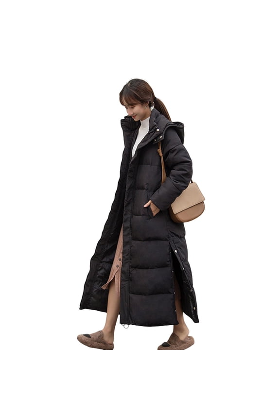 Women Cotton Coat Hooded Long Sleeve Pockets Side Slit Hem Down Jacket Solid Color Pockets Thickened Casual Outwear