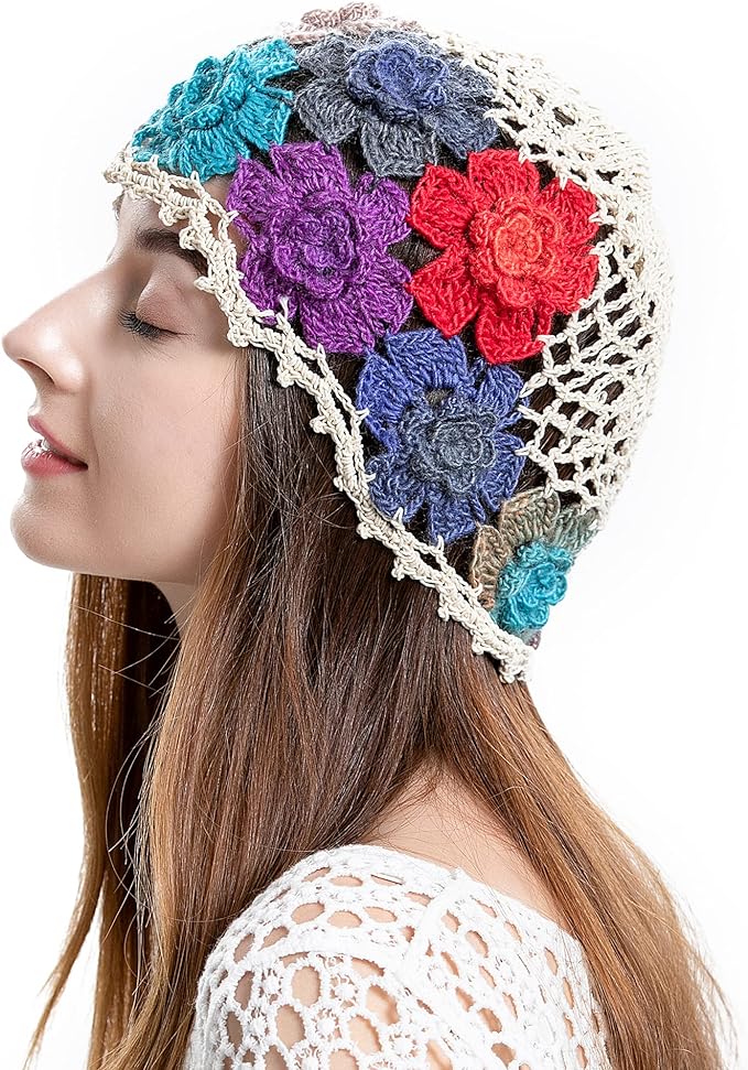 Women Cotton Crochet Skull Cap Handmade Knit Cutout Floral 