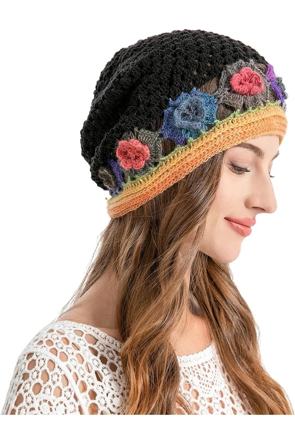 Women Cotton Crochet Slouchy Beanie Hat Handmade Knit Cutout Summer Floral Skull Cap(Flowers color random)