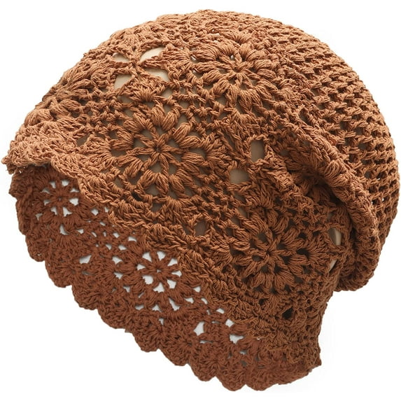 Women Cotton Crochet Slouchy Beanie Hat Handmade Knit Cutout Summer Floral Skull Cap
