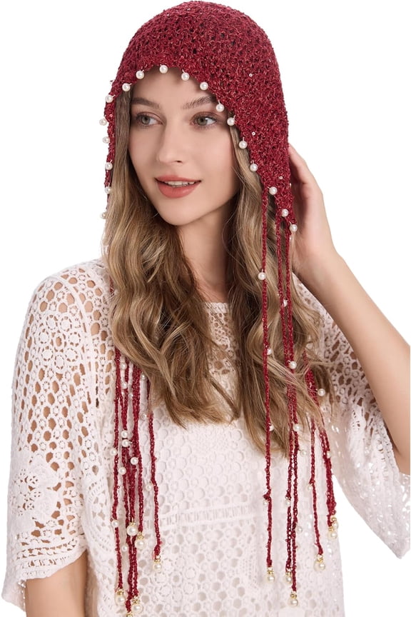 Women Cotton Crochet Slouchy Beanie Hat with Tassel Handmade Knit Skull Cap