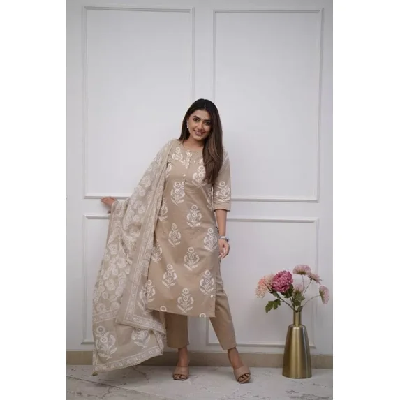 Women Cotton Designer Kurti Pant Dupatta Set Indian Ethnic Tunic Kurta Set Dress Round Neck 36