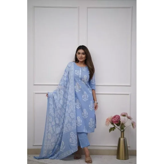 Women Cotton Designer Kurti Pant Dupatta Set Indian Ethnic Tunic Kurta Set Dress Round Neck 46