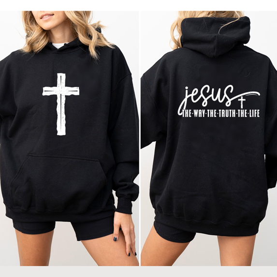 Women Cotton Double-sided Jesus The Way Graphic Tee Christian Religious T Shirt Top Inspirational Cross Hooded long-sleeved Black S-2XL