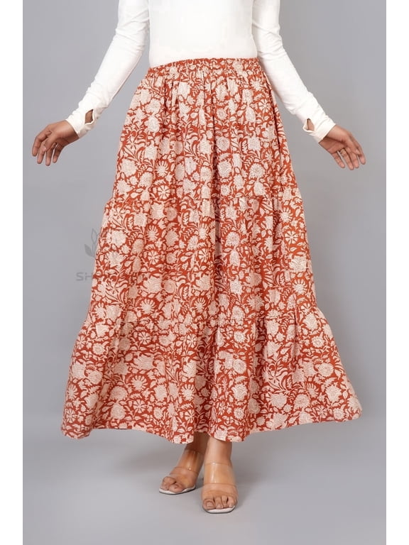 Women Cotton Floral Foliage Style Maxi Skirt with Elastic Waist, Soft Versatile Floral Hand Block Print, Rust Orange M