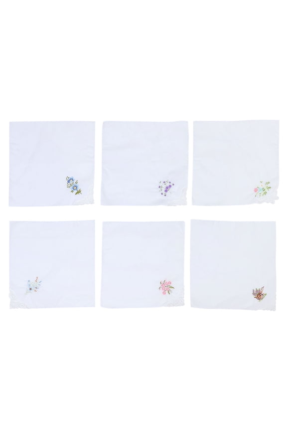 6pcs Women Cotton Handkerchiefs Flower Embroidered Handkerchief (Random Style)