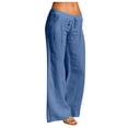 thumbnail image 1 of Women Cotton High Waisted Crinkle Straight Wide Leg Loose Fit Casual Solid Color Long Pants with Pockets Blue, 1 of 6