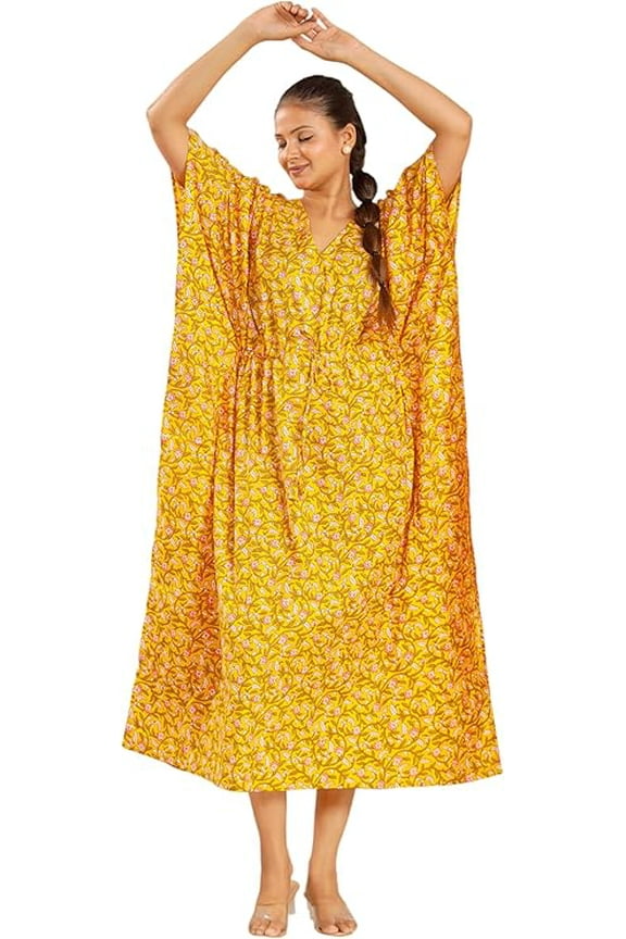 Women Cotton Kaftan Dress Soft, Breathable Lounge Maxi with Pockets & Slits