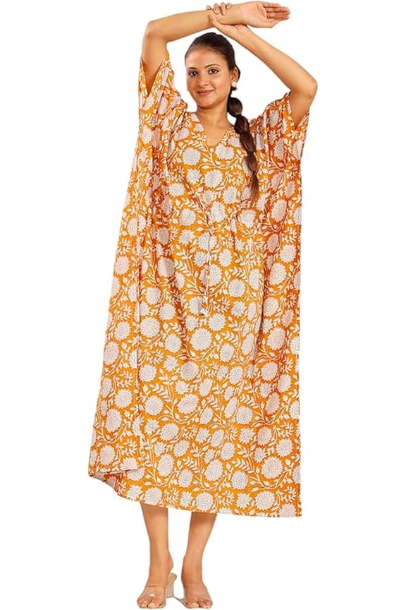 Women Cotton Kaftan Maxi Ethnic Print Dress for Summer