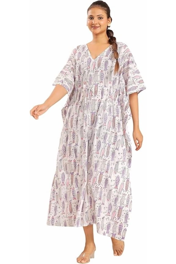 Women Cotton Kaftan Printed Boho Dress for Beach or Lounge