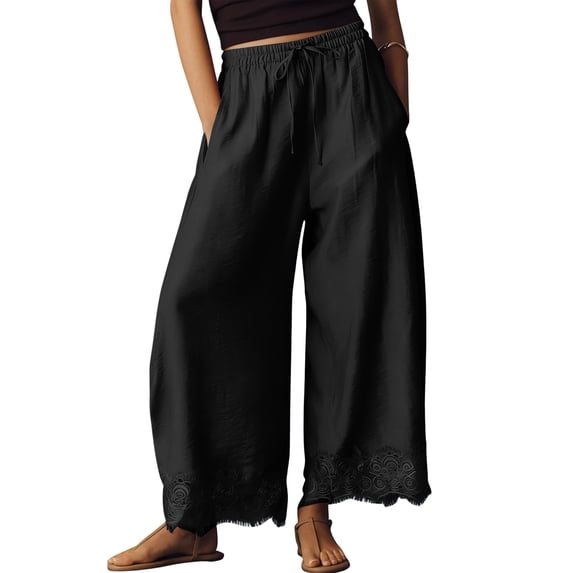 Women Cotton Lace Trim Wide Leg Pants Summer Casual Cropped Drawstring Elastic Waist Lightweight Trousers with Pockets, 2XL