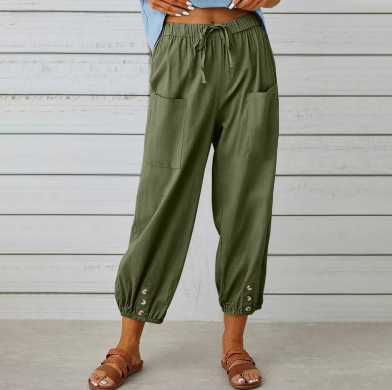 Women Cotton Line Pants Drawstring Elastic Waist Casual Trousers Loose Wide  Leg Lounge Pant with Pockets 