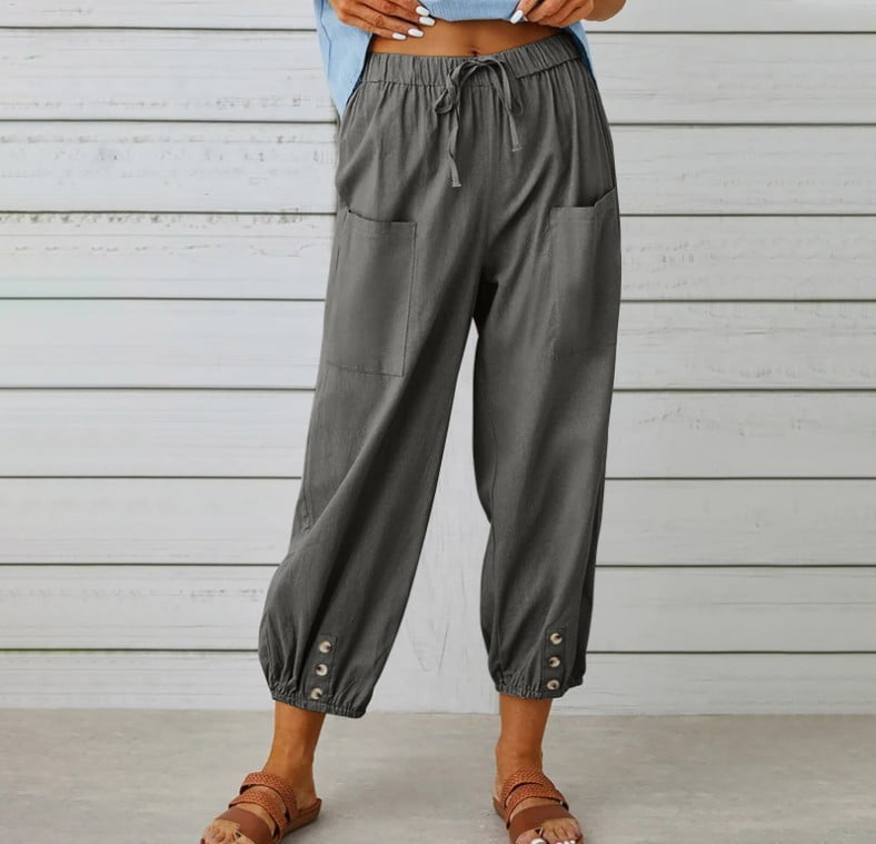 Aiegernle Women's Elastic Waist Comfort Fit Straight Leg Drawstring Cotton  Pants Trouser