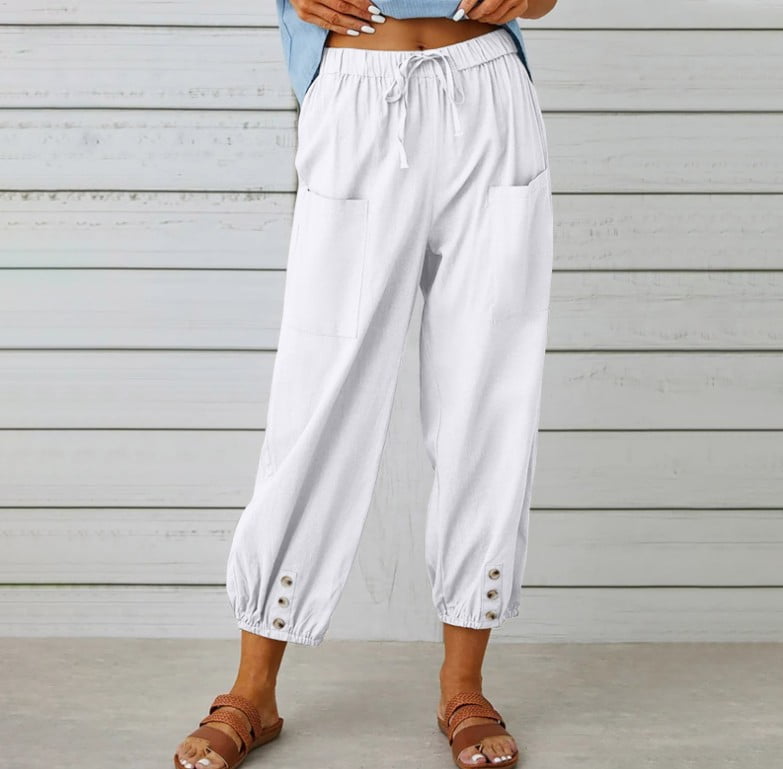 Women Cotton Line Pants Drawstring Elastic Waist Casual Trousers Loose Wide  Leg Lounge Pant with Pockets 