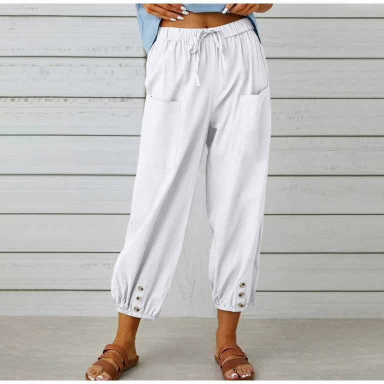 2024 Cotton Linen Harem Pants with Pockets for Women Solid Color Ankle  Length Wide Leg Trousers Winter Baggy Lounge Pant