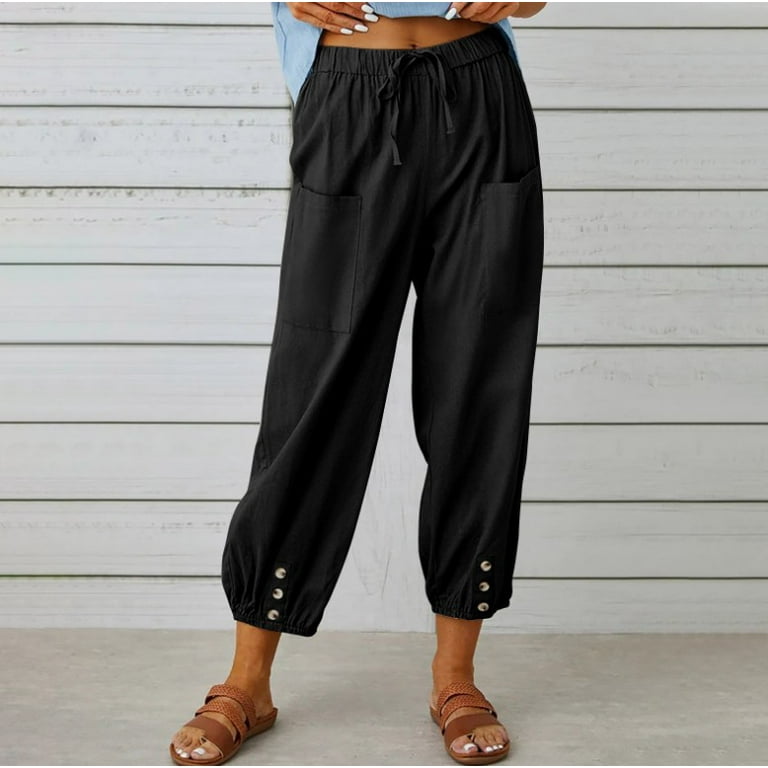 Women Cotton Line Pants Drawstring Elastic Waist Casual Trousers Loose Wide  Leg Lounge Pant with Pockets