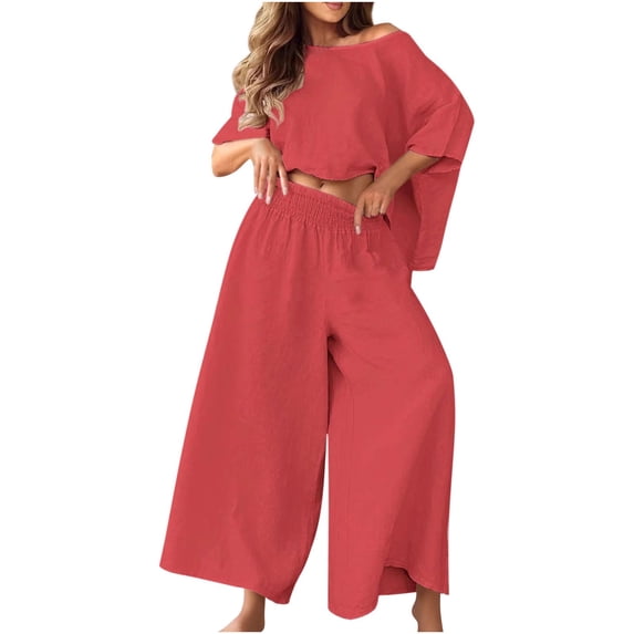 Women Cotton Linen 2 Piece Set Plus Size Crew Neck Tees Elastic Waist Wide Leg Pants Baggy Summer Outfits (4XL, Red)