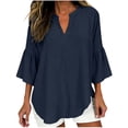 thumbnail image 1 of Women Cotton Linen Bell Sleeve Tunic Tops with 3/4 Sleeve Pleated Ruffle Blouse for Work Dressy Casual Boho Shirt, 1 of 6