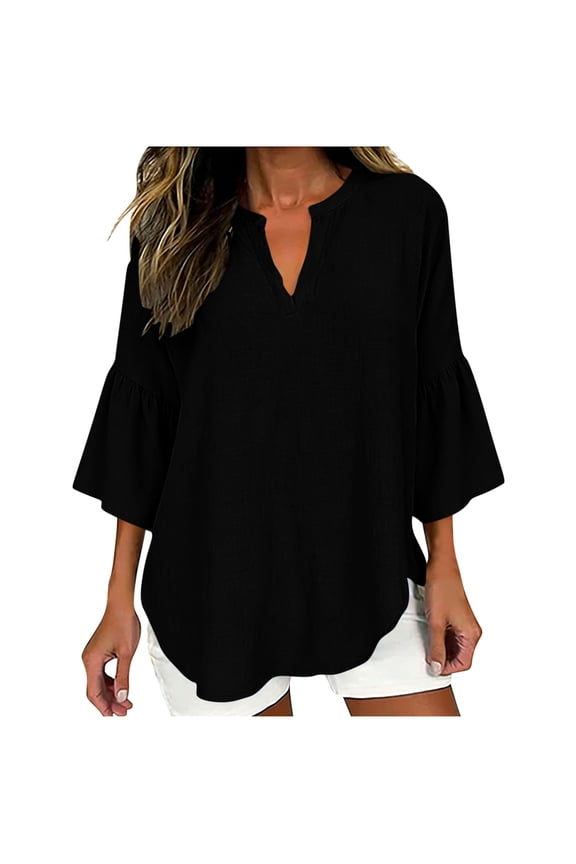 Women Cotton Linen Bell Sleeve Tunic Tops with 3/4 Sleeve Pleated Ruffle Blouse for Work Dressy Casual Boho Shirt